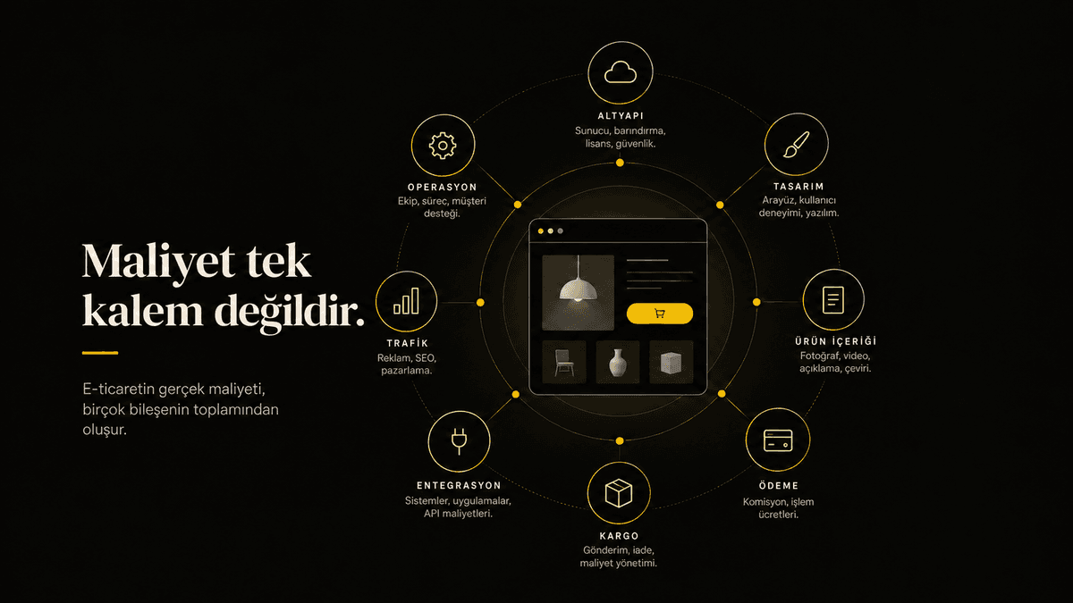 Maliyet tek kalem değildir: altyapı, tasarım, ürün içeriği, ödeme, kargo, entegrasyon, trafik ve operasyon kalemlerinin toplamı